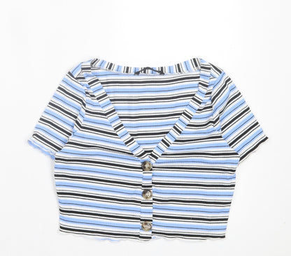 SheIn Womens Blue Striped Polyester Cropped T-Shirt Size XS V-Neck