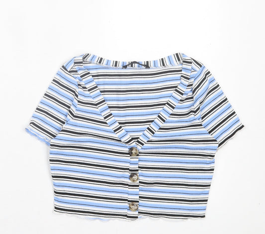 SheIn Womens Blue Striped Polyester Cropped T-Shirt Size XS V-Neck