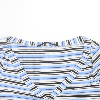 SheIn Womens Blue Striped Polyester Cropped T-Shirt Size XS V-Neck