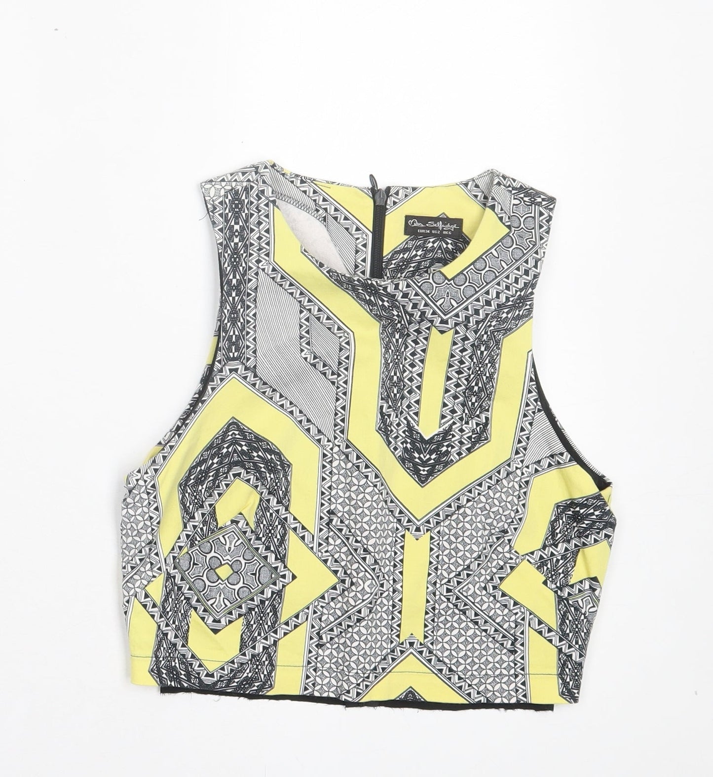Miss Selfridge Womens Yellow Geometric Polyester Cropped Tank Size 6 Crew Neck