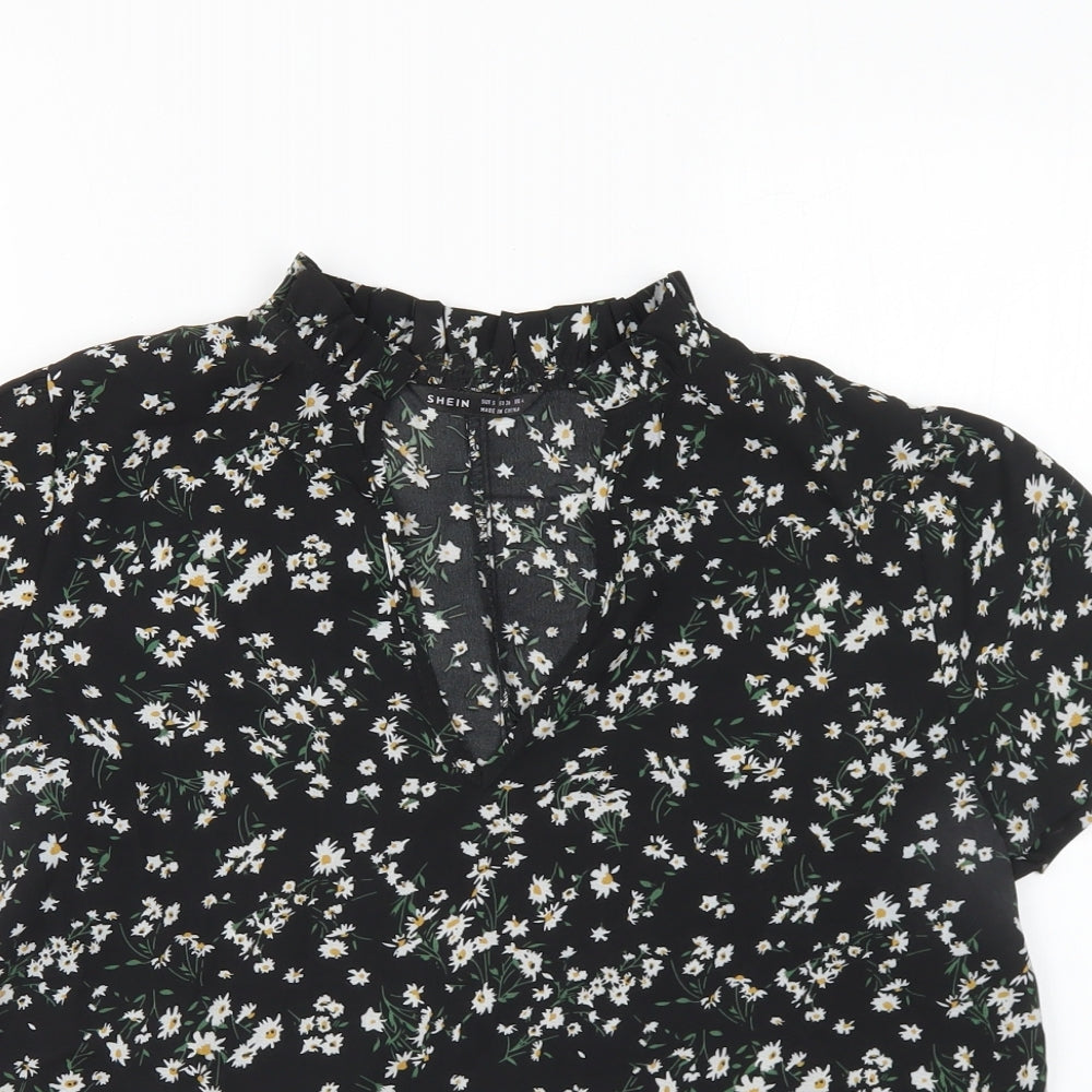 SheIn Womens Black Geometric Polyester Basic Blouse Size S V-Neck