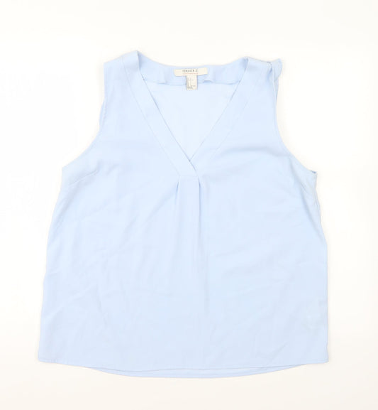 FOREVER 21 Womens Blue Polyester Basic Blouse Size L V-Neck