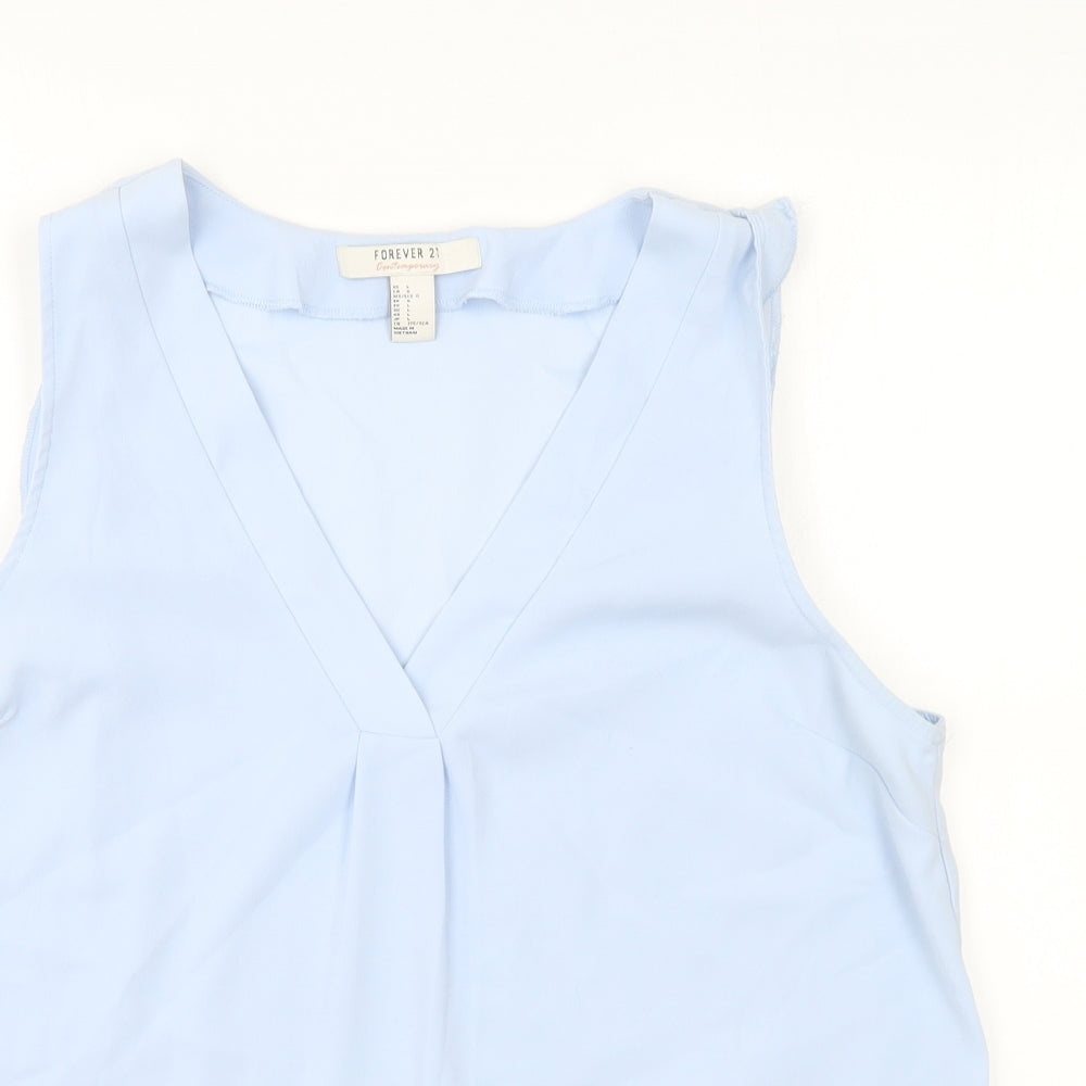 FOREVER 21 Womens Blue Polyester Basic Blouse Size L V-Neck