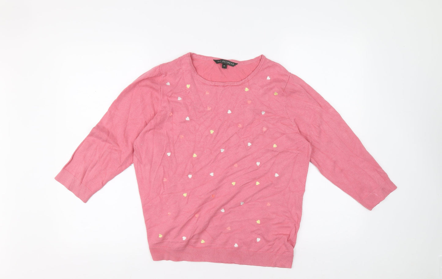 Love Knitwear Womens Pink Round Neck Geometric Viscose Pullover Jumper Size 14 - Hearts