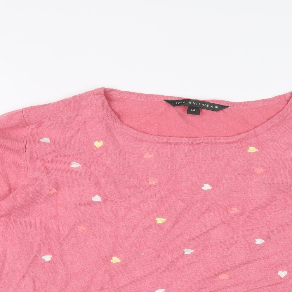 Love Knitwear Womens Pink Round Neck Geometric Viscose Pullover Jumper Size 14 - Hearts
