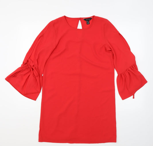 New Look Womens Red Polyester Shift Size 8 Round Neck Button