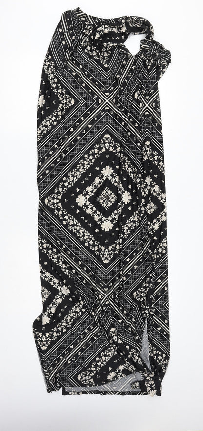 Preworn Womens Black Geometric Polyester Maxi Size 12 High Neck Pullover