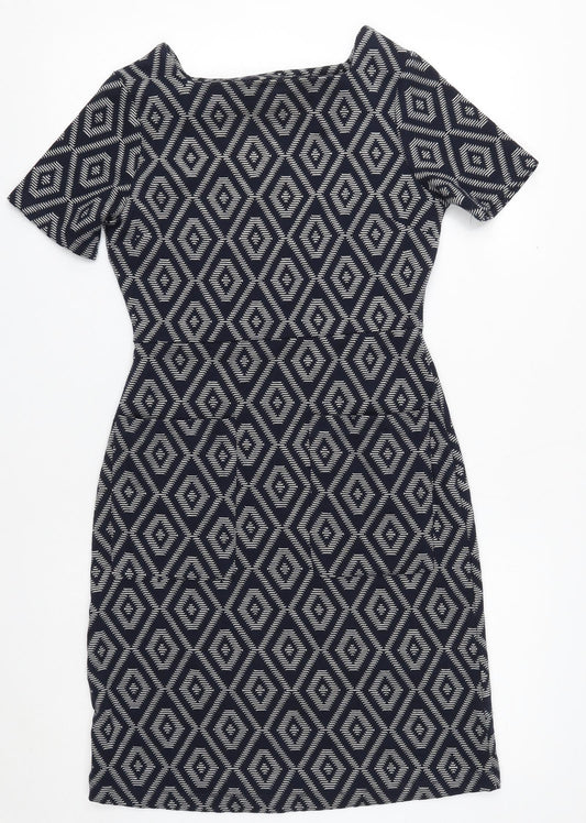 NEXT Womens Blue Geometric Polyester Sheath Size 6 Round Neck Pullover