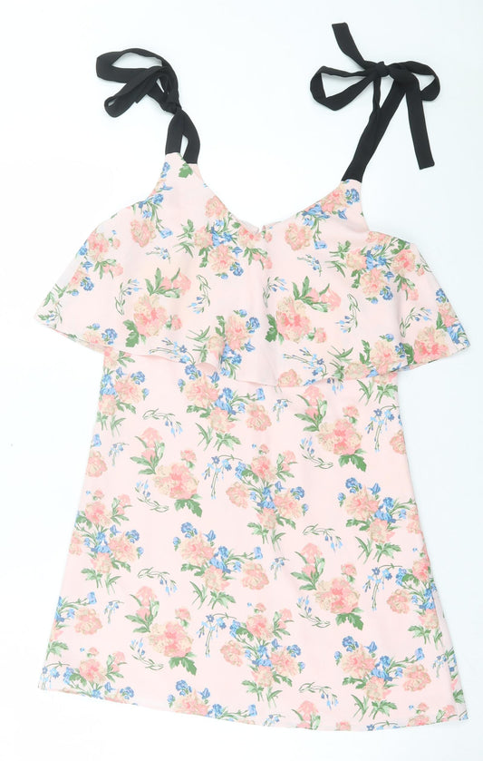 Miss Selfridge Womens Pink Floral Polyester A-Line Size 6 V-Neck Button