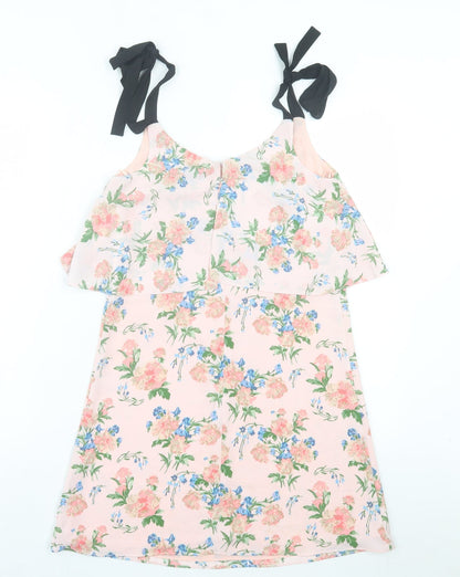 Miss Selfridge Womens Pink Floral Polyester A-Line Size 6 V-Neck Button