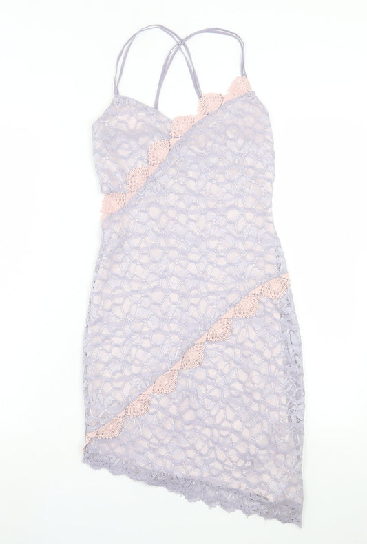 Topshop Womens Purple Floral Nylon Bodycon Size 8 V-Neck Zip