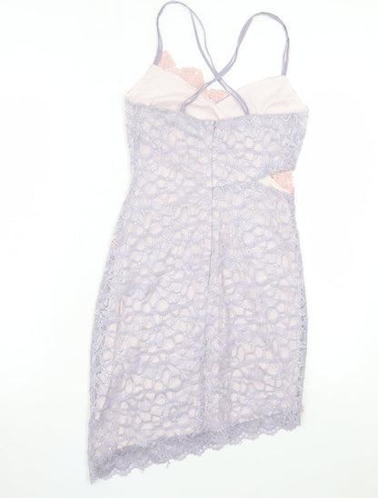 Topshop Womens Purple Floral Nylon Bodycon Size 8 V-Neck Zip