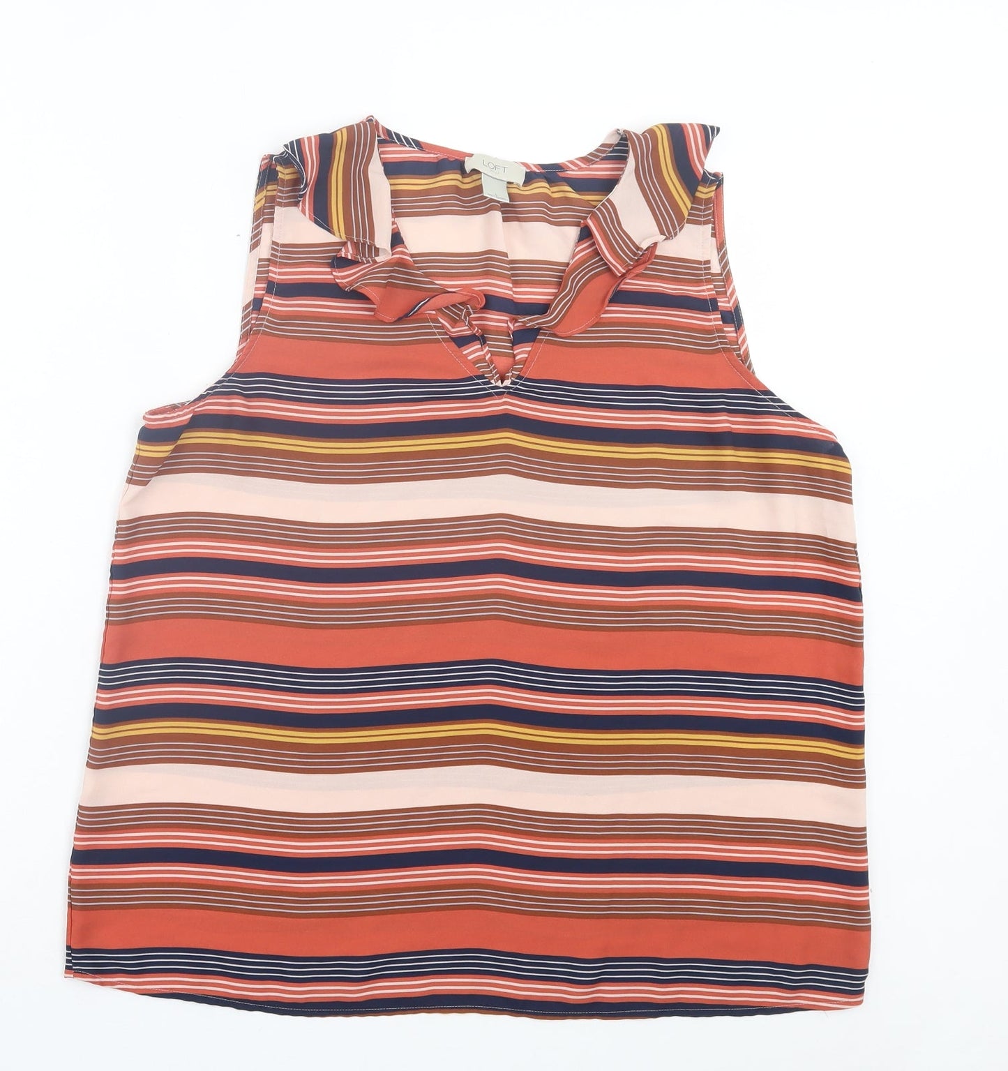 LOFT Womens Orange Striped Polyester Basic Tank Size L V-Neck