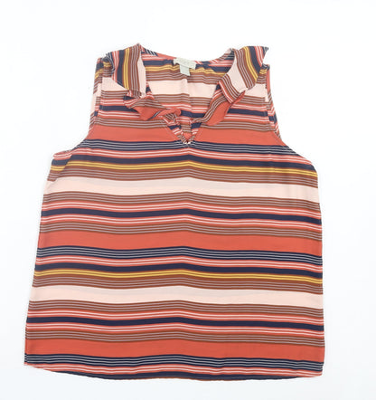 LOFT Womens Orange Striped Polyester Basic Tank Size L V-Neck