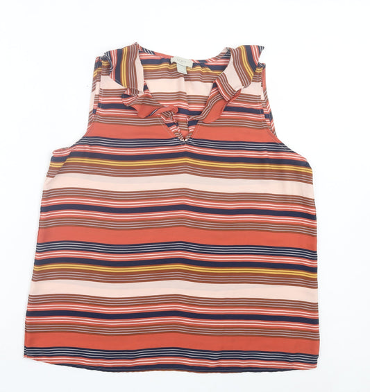 LOFT Womens Orange Striped Polyester Basic Tank Size L V-Neck