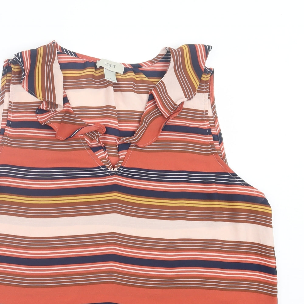 LOFT Womens Orange Striped Polyester Basic Tank Size L V-Neck