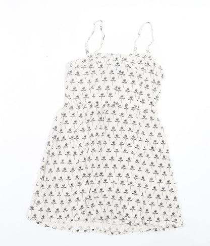 H&M Womens White Floral Viscose A-Line Size 8 Scoop Neck Zip