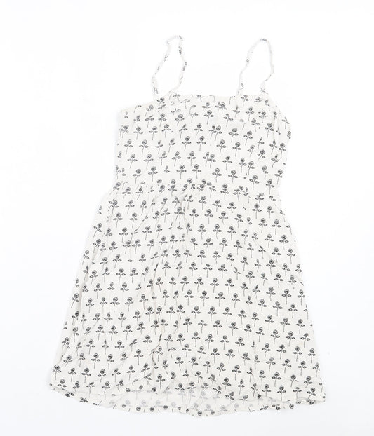 H&M Womens White Floral Viscose A-Line Size 8 Scoop Neck Zip