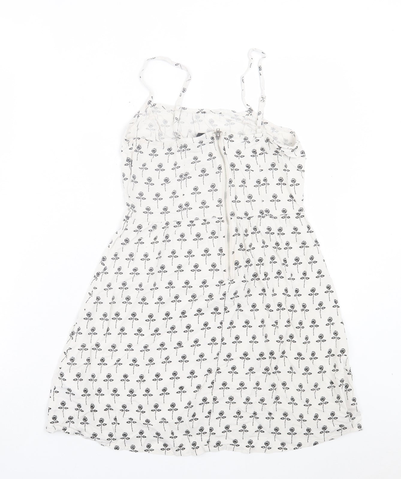 H&M Womens White Floral Viscose A-Line Size 8 Scoop Neck Zip