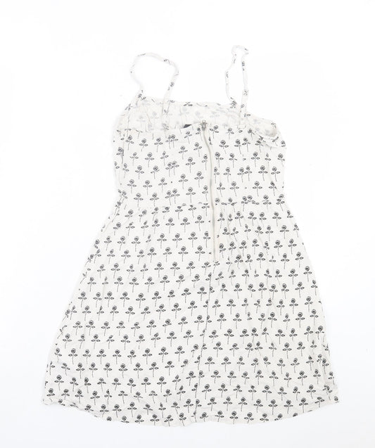 H&M Womens White Floral Viscose A-Line Size 8 Scoop Neck Zip