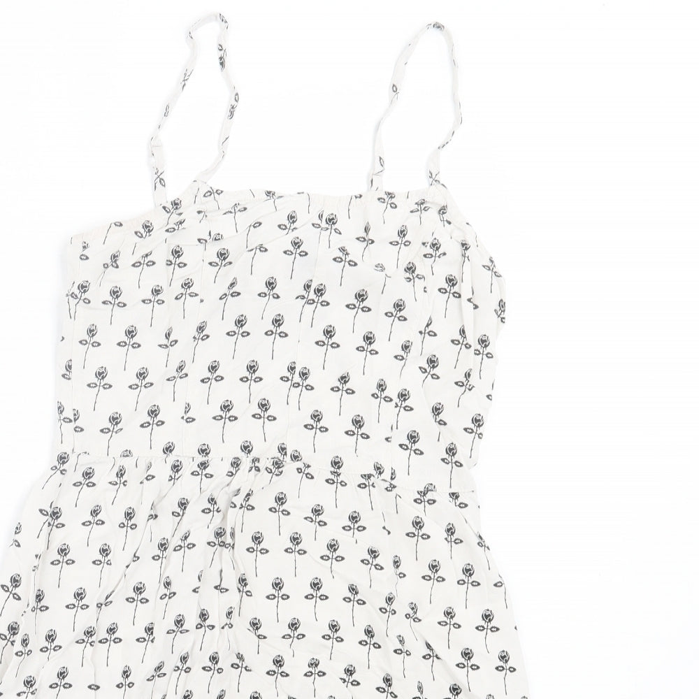 H&M Womens White Floral Viscose A-Line Size 8 Scoop Neck Zip