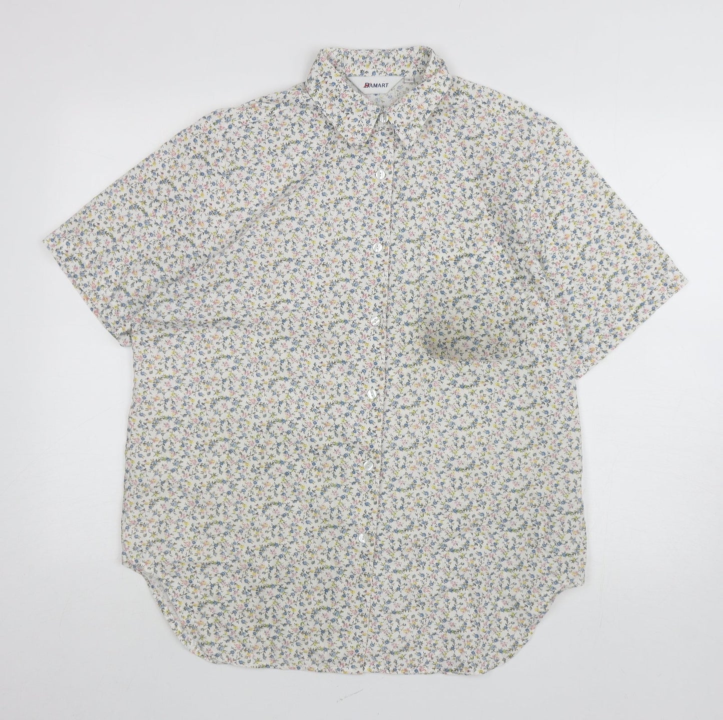 Damart Womens White Floral Polyester Basic Button-Up Size 16 Collared