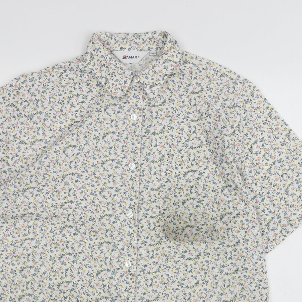 Damart Womens White Floral Polyester Basic Button-Up Size 16 Collared