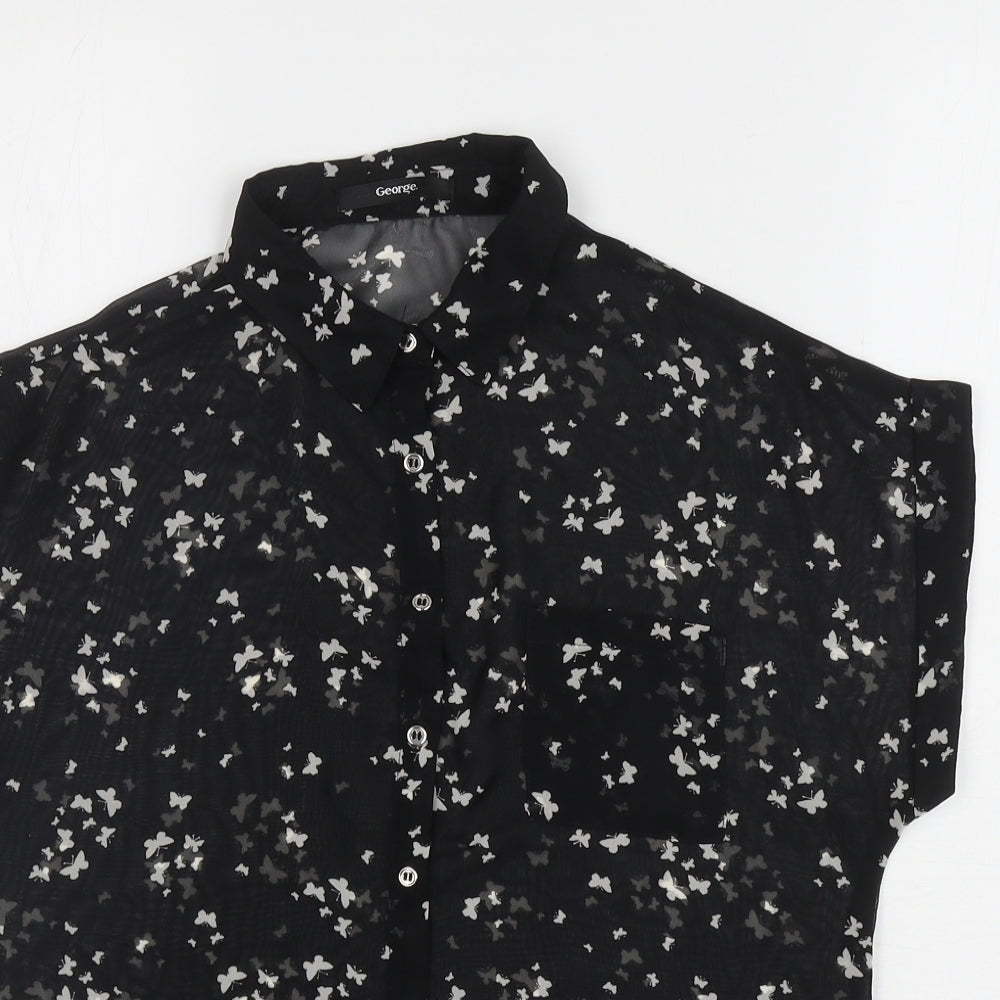 George Womens Black Geometric Polyester Basic Button-Up Size 8 Collared - Butterflies