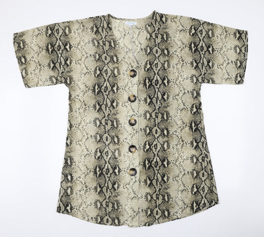 Blue Vanilla Womens Brown Animal Print Polyester Basic Button-Up Size 16 V-Neck