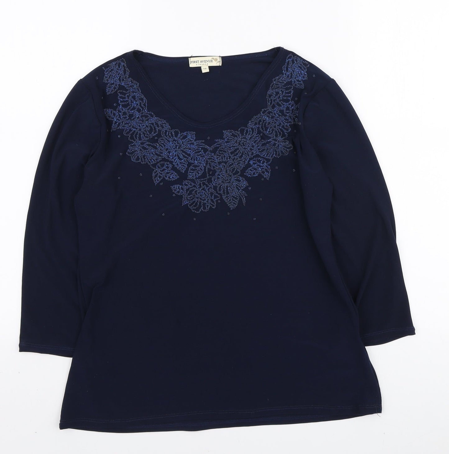 First Avenue Womens Blue Floral Polyester Basic T-Shirt Size 12 Round Neck