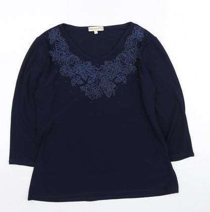 First Avenue Womens Blue Floral Polyester Basic T-Shirt Size 12 Round Neck