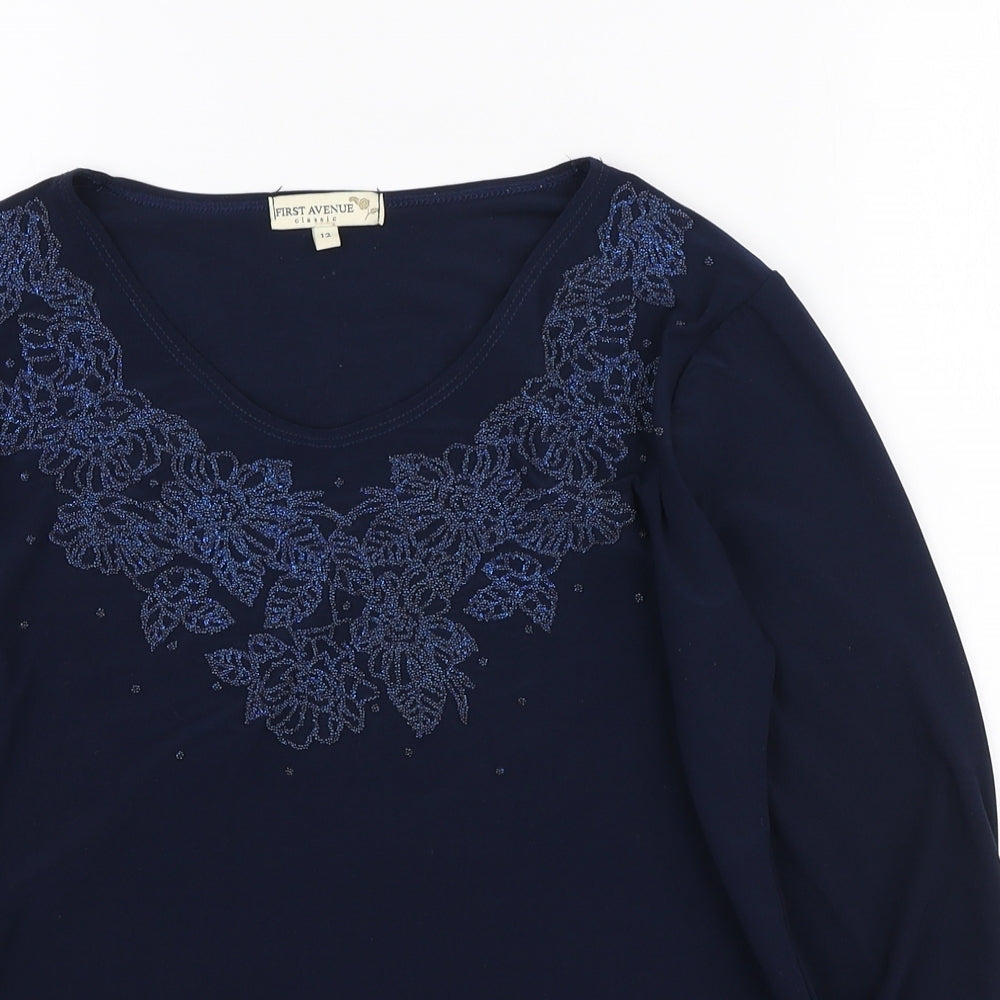 First Avenue Womens Blue Floral Polyester Basic T-Shirt Size 12 Round Neck