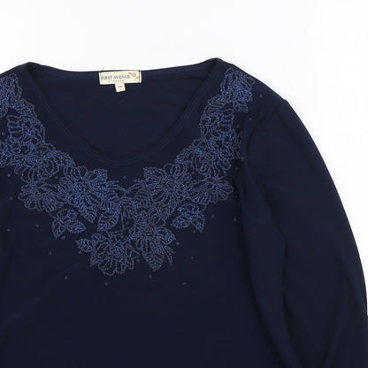 First Avenue Womens Blue Floral Polyester Basic T-Shirt Size 12 Round Neck