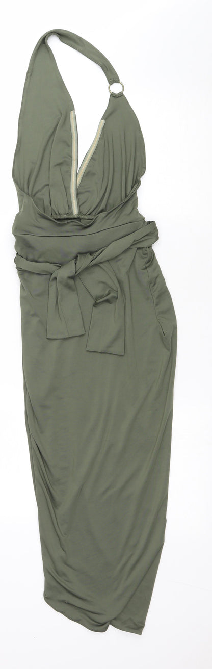 Polly Womens Green Polyester Wrap Dress Size 8 Halter Pullover - Elastic Waist