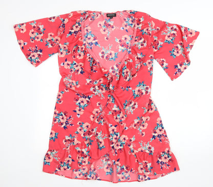 Chamistry Womens Pink V-Neck Floral Polyester Cardigan Jumper Size 8 - Wrap Tie