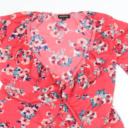 Chamistry Womens Pink V-Neck Floral Polyester Cardigan Jumper Size 8 - Wrap Tie