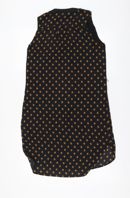 H&M Womens Black Geometric Polyester A-Line Size S V-Neck Button