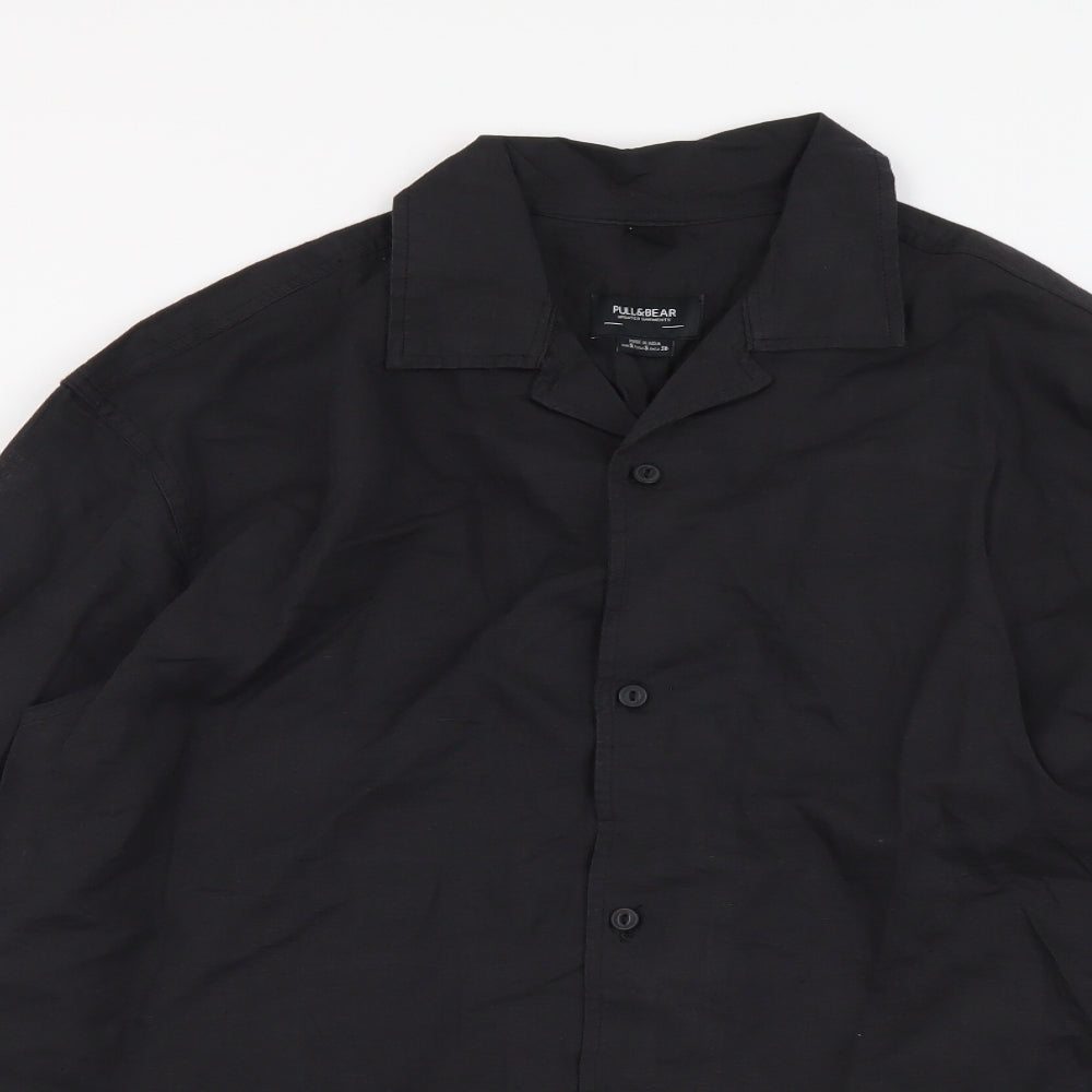 Pull&Bear Mens Black Linen Button-Up Size S Collared Button
