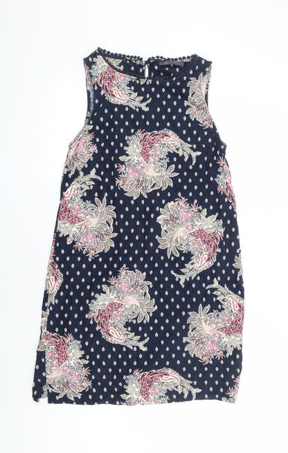 Marks and Spencer Womens Blue Floral Linen A-Line Size 8 Round Neck Button