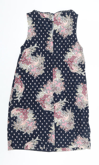 Marks and Spencer Womens Blue Floral Linen A-Line Size 8 Round Neck Button