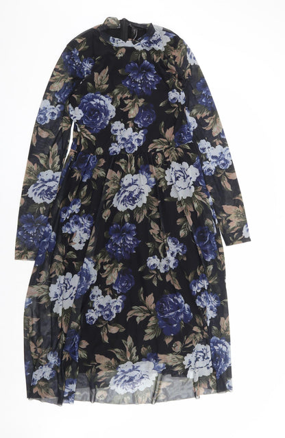 Y.A.S Womens Black Floral Polyamide Fit & Flare Size M Mock Neck Zip