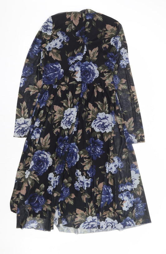 Y.A.S Womens Black Floral Polyamide Fit & Flare Size M Mock Neck Zip