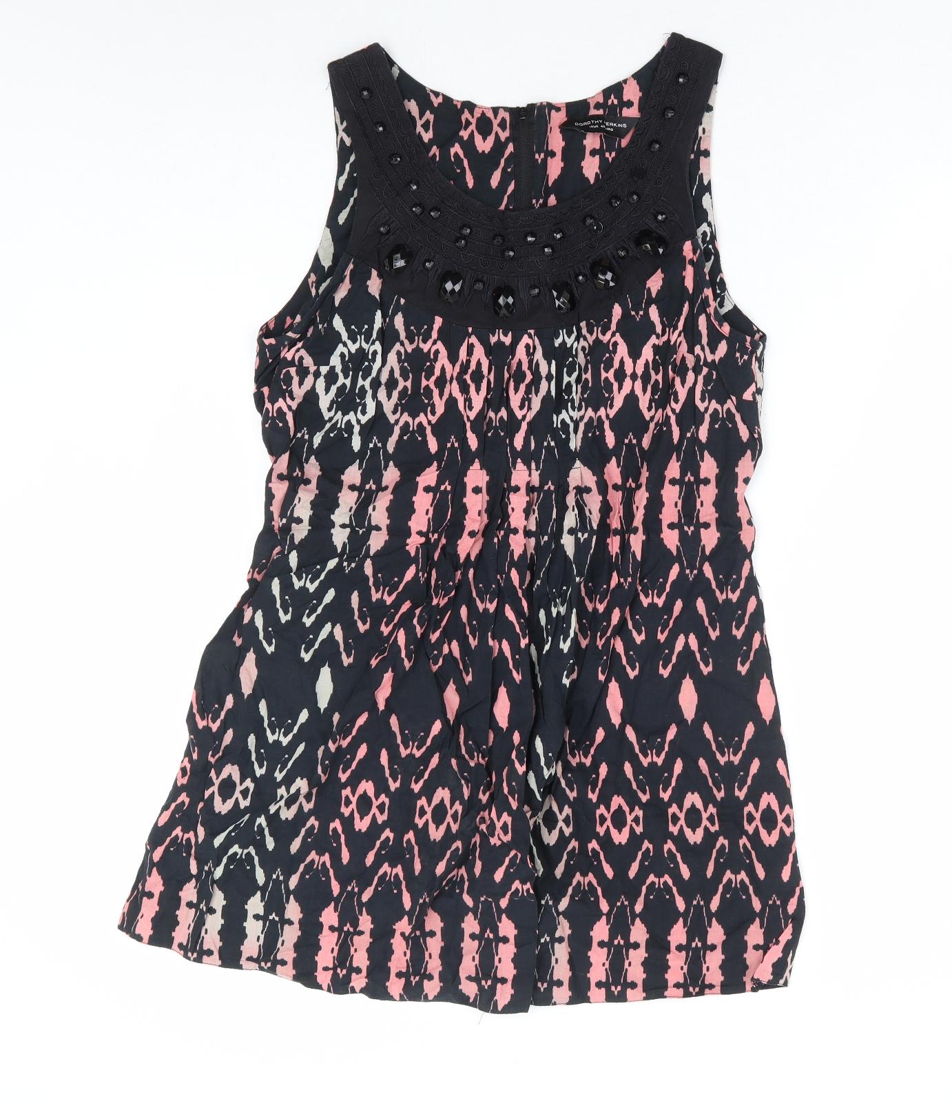 Dorothy Perkins Womens Black Geometric 100% Cotton Mini Size 14 Round Neck Zip