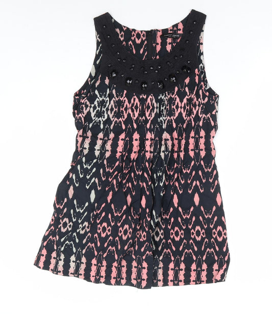 Dorothy Perkins Womens Black Geometric 100% Cotton Mini Size 14 Round Neck Zip