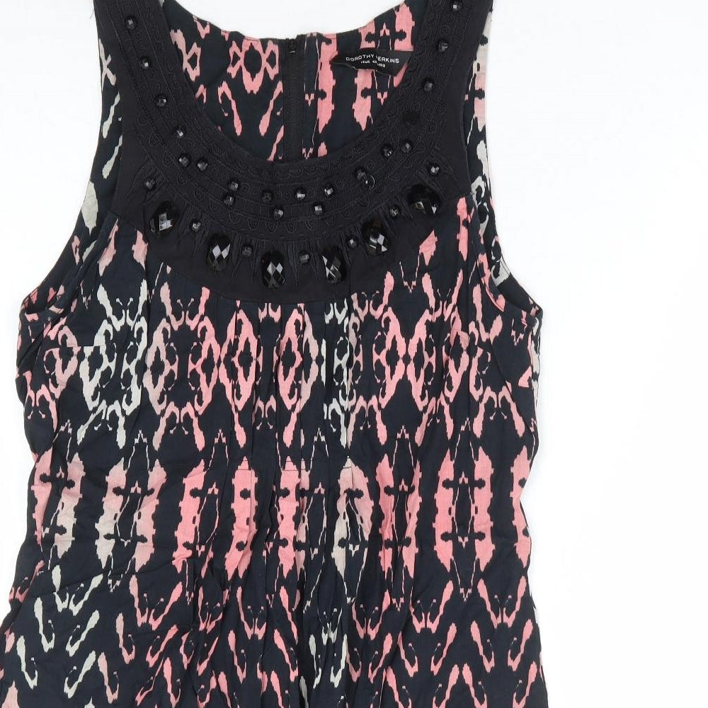 Dorothy Perkins Womens Black Geometric 100% Cotton Mini Size 14 Round Neck Zip