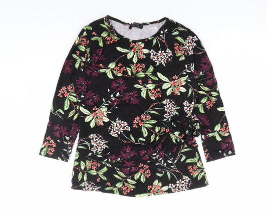 Papaya Womens Black Floral Viscose Basic Blouse Size 10 Round Neck - Side Tie Detail