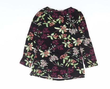 Papaya Womens Black Floral Viscose Basic Blouse Size 10 Round Neck - Side Tie Detail