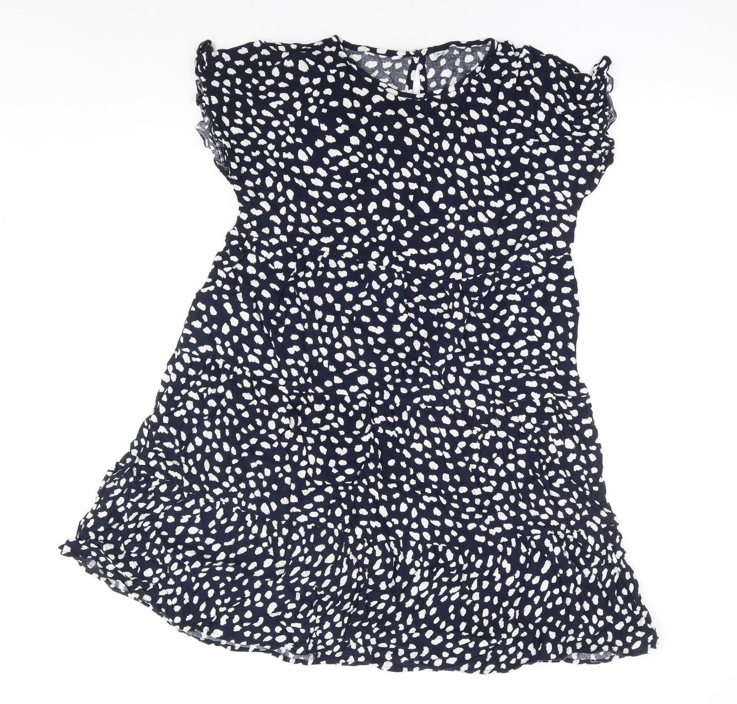 Preworn Womens Blue Geometric Polyester Fit & Flare Size L Round Neck Button - Tiered