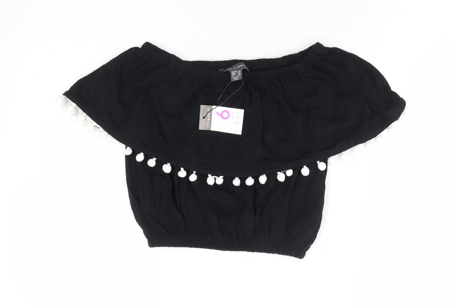 Primark Womens Black 100% Cotton Cropped Tank Size 6 Off the Shoulder - Pom Pom Trim Bandeau Top