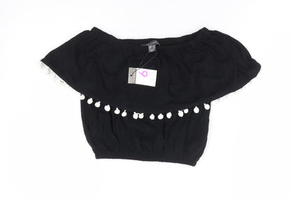 Primark Womens Black 100% Cotton Cropped Tank Size 6 Off the Shoulder - Pom Pom Trim Bandeau Top